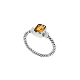 Handcrafted sterling silver twisted band ring with rectangular-cut Citrine Quartz, artisan unisex jewelry for everyday wear or gifting.